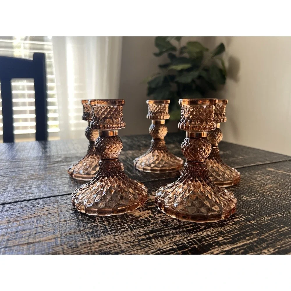 Vintage Amber Glass Candlestick Holders‎ Diamond Pattern Taper Candle Set Of 6